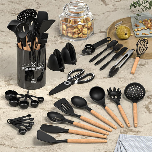 Silicone Kitchen Utensils Set, 28PCS Large Cooking Utensils Set with Holder, kitchen Spatula Set with Wooden Handles, Turner, Spoon, Whisk, Scissors Kitchen Gadgets (Black) by AIKKIL