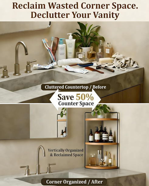 SwartLife Countertop 3-Tier Counter, Corner Bathroom Organizer, Corner Shelf for Vanity & Bathroom Rustic Wood Standing