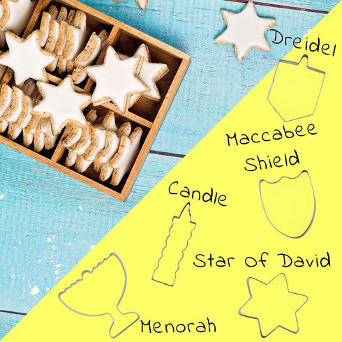 The Dreidel Company Stainless Steel Hanukkah Cookie Cutters, 5 Shapes: Menorah, Dreidel, Star, Maccabee Shield