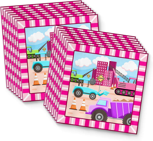 Set 16 Girl Pink Construction Trucks Birthday Party Supplies Plates Napkins Cups Tableware Kit