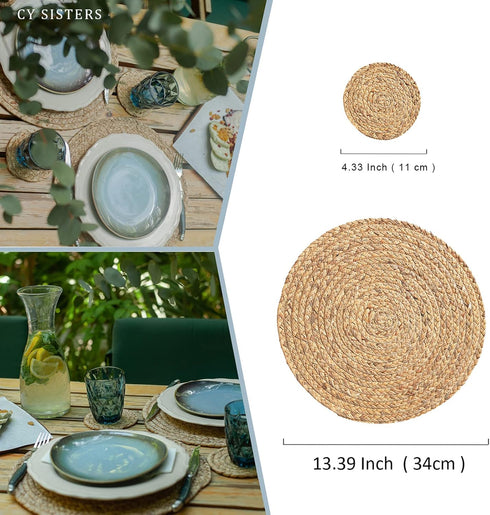 Round Woven Placemats Set of 6, Natural Water Hyacinth, 13.5 Inch Rattan Placemats for Outdoor Patio Table