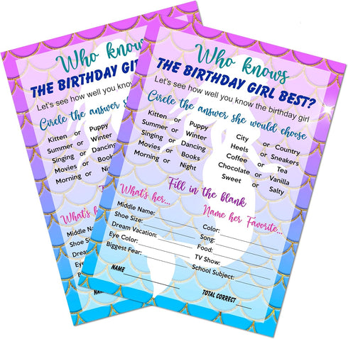 RokAPary Mermaid Who Knows The Birthday Girl Best Game, Fun Game for Sleepover, Pack of 30 Cards 5”x7”