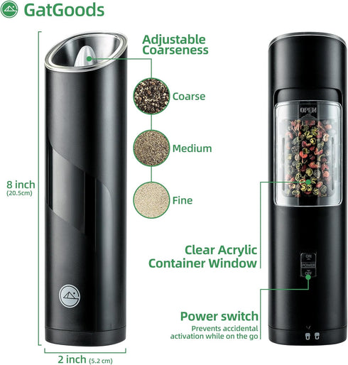 Gravity Electric Salt and Pepper Grinder Set - Adjustable Coarseness, One-Handed Operation, Battery Powered, Black
