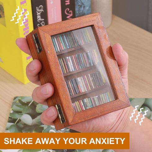 CLVTREBETO 100pcs Anxiety Mini Bookshelf with Miniature Books | Shake Away Your Anxiety Mini Wood Rustic Book Library |