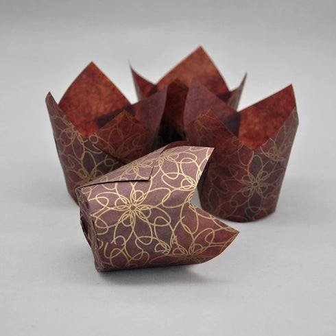 Muffin Baking Cupcake Cups, 2" Bottom Diameter x 3-1/2" Height, Fancy Floral Print Tulip Baking Cup, Case of 125 pcs