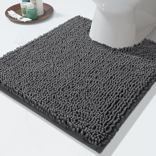 Yimobra Luxury Dark Gray Shaggy Toilet Bath Mat U-Shaped Contour Rugs, 24.4 x 20.4 Inches, Soft, Non-Slip,