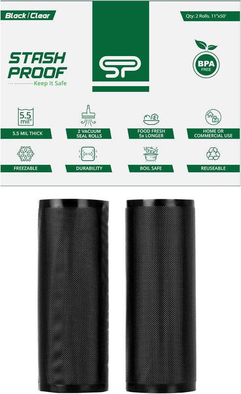 Vacuum Seal Rolls 11" x 50' 2 Pack (Total 100 Feet) - Clear and Black, 5.5 Mil BPA Free Food Saver Sealer Bag