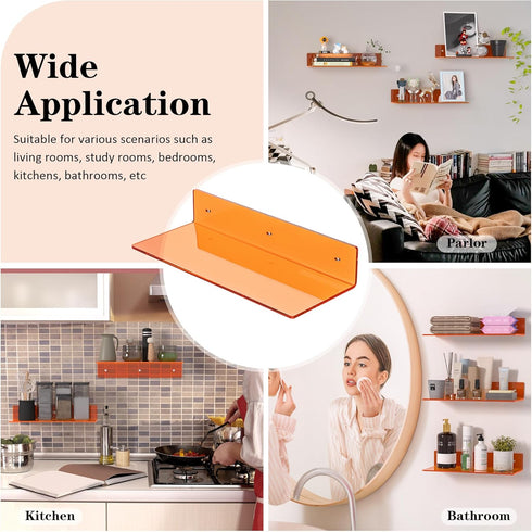 15 Inches 2 Pack, Sezanrpt Orange Acrylic Wall Shelves L Shape Floating Shelf, Perspex Wall Mounted Shelves for Home