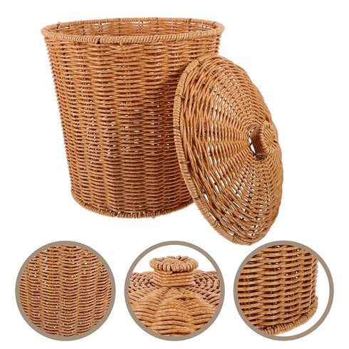 VICASKY Wicker Storage Basket with Lid, Dirty Clothes Container, Rattan Waste Basket, Bedroom Trash Can