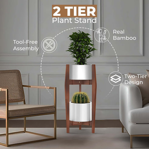 2-Tier (812), ROCCA Tall Plant Stand Indoor Adjustable Bamboo Plant Stand Wooden Corner Pedestal for Multiple Pots