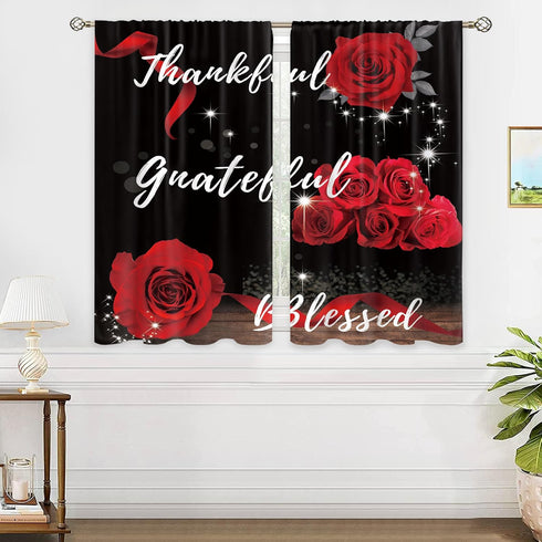 Red Rose Flower Small Kitchen Curtains, Floral Inspirational Quotes Window Treatment 27.5x39 Inch