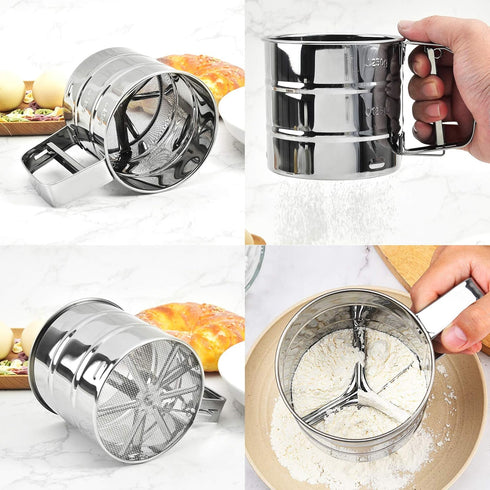 Stainless Steel Flour Sieve, Semi-Automatic 2 Cup Sifter for Baking, Fine Mesh Coffee Sieve Cup