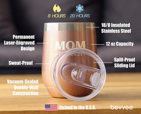 Bevvee Mom Est 2021 Wine Tumbler with Sliding Lid - New Mother Stemless Stainless Steel Insulated Mug - Rose Gold