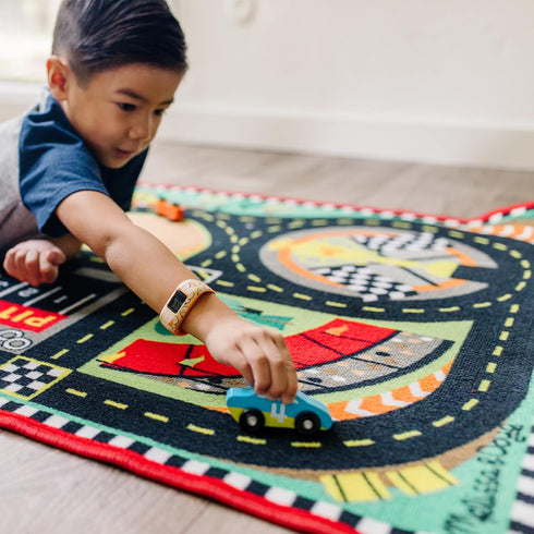 Race Track Play Rug with Wooden Cars for Kids