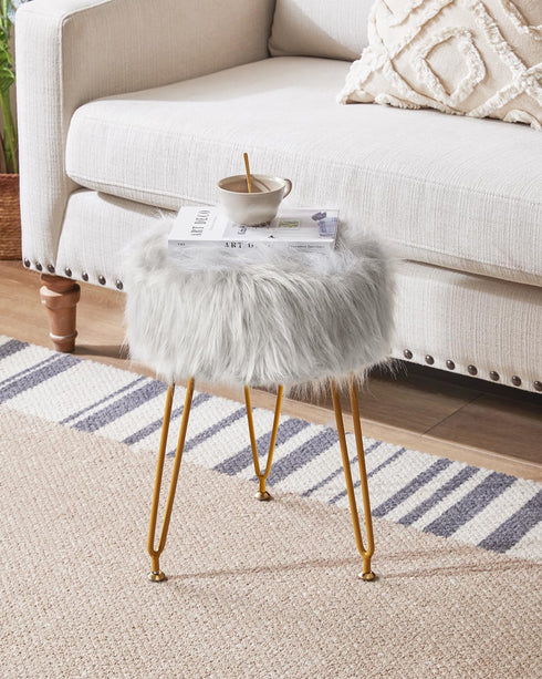 4 LG-32G IBUYKE Faux Fur Vanity Stool Chair, Furry Makeup Stool Ottoman, Soft Padded Seat, Round Footrest Footstools
