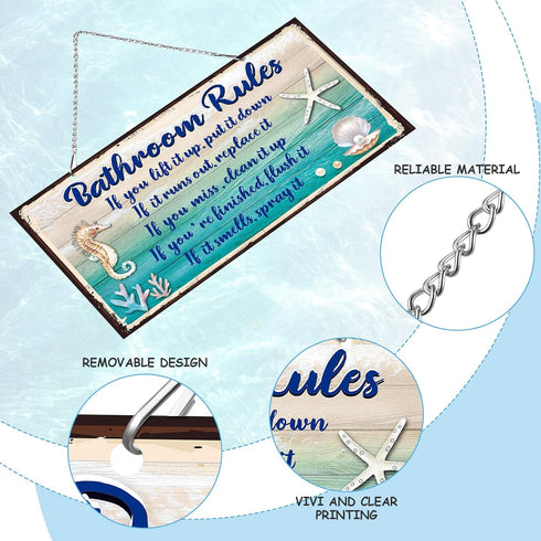 Seashell Bathroom Rules Decor Signs, Ocean Theme Beach Art for Wall, Funny Bathroom Rules Metal Sign, Blue and White