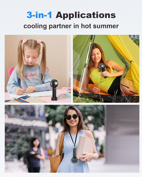 2-Pack Handheld Fan Portable Fan for Travel, 3 Speeds Mini Battery Operated Fan with Base Lanyard, Pink+Black