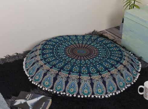 Popular Handicrafts Kp834 Large Hippie Mandala Floor Pillow Cover, 32" Blue Turquoise Round Bohemian Yoga Decor