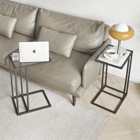 UHGD001B YMYNY C-Shaped End Table, Tempered Glass Sofa Side Table, TV Tray CouchTable That Slide Under for Small Space