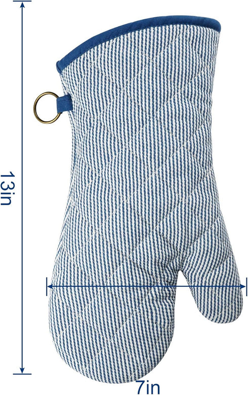 1 Pair Yarn Dyed Oven Mitts, 100% Cotton Heat Resistant 470 Degree Gloves for Cooking & Baking (Blue)
