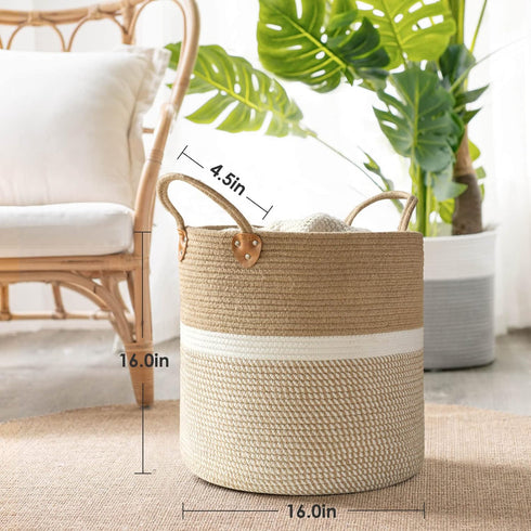 CHICVITA Extra Large Woven Storage Basket with Handles, Laundry Basket Toy Towels Jute Blanket Basket, 16" x 16"