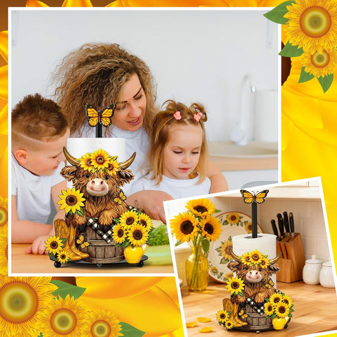 Summer Countertop Sunflower Highland Cow Paper Towel Holder Sunflower Floral Cattle Kitchen Bathroom Decor Farmhouse