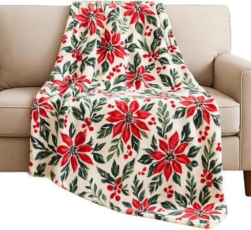 60 50 Poinsettias Cozy Serafina Home Holiday Christmas Fleece Throw Blanket- x Plush White Throw with Red Green Holly