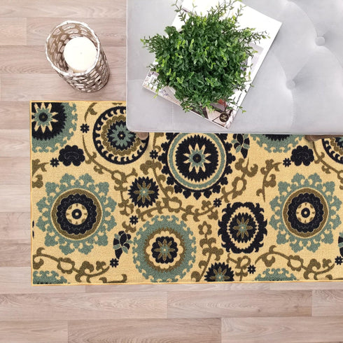 Custom Size Beige Floral Medallion Rubber Backed Non-Slip Hallway Stair Runner Rug Carpet 31 inch Wide Choose Your Length 31in X 1ft