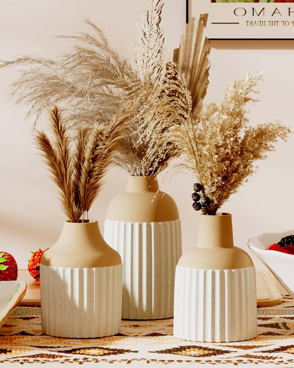 VUZDVJO Beige Decorative Vase Set of 3 - Modern Boho Style Ribbed Ceramic