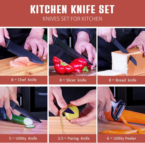 RAXCO 10-in-1 Knife Set - 5 Kitchen Knives and 5 Kitchen Gadgets, Perfect for Small Kitchen (Black)