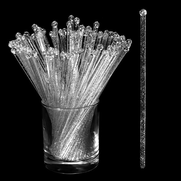 100 Pieces Disposable Plastic Round Top Crystal Swizzle Sticks (Silver)