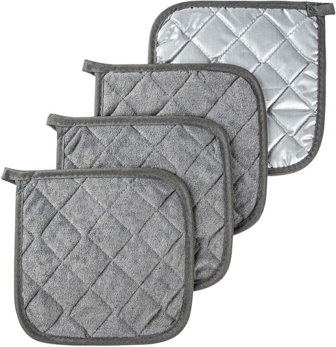 MAQIHAN Cotton Pot Holders for Kitchen, 4pcs Square Hot Pads Set, Gray 7 Inch Terry Cloth
