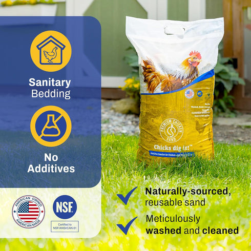 Premium Chicken Sand 50 lbs Dust-Free, Odor-Control Bedding for Chicken Coops, Nesting Boxes, and Runs Natural Poultry