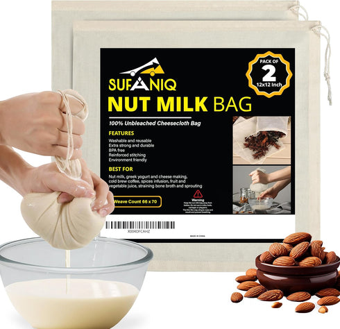 SUFANIQ Nut Milk Bag - 2 Bags (12 x 12 Inch) 100%