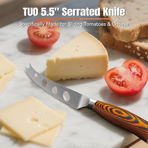 TUO Cheese Knife, Tomato Knife 5.5" - Serrated Blade, High Carbon German Steel, Multi-Use Non Stick Design, Pakkawood