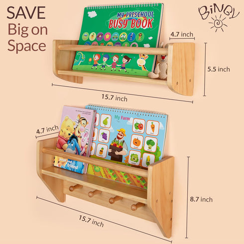BINGY Set 2 2-Tier 15.71" 4.8" 5.5" Nursery Book Shelves - of Wall Shelves with Hooks for Clothes - Nursery Bookshelves