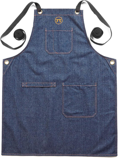 Outset Cross Back Blue Denim Grill and Kitchen Apron with Pockets, 27" x 30"