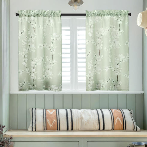 FMFUNCTEX Green White Kitchen Tier Curtains 24 Inch Length, Blossom Print Half Window Drapes for Bathroom