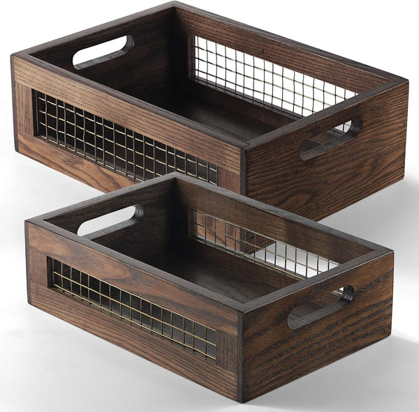 Set of 2 Wooden Countertop Baskets for Kitchen, Bathroom, Pantry | Rustic Nesting Boxes, Wall Mount Upgrade