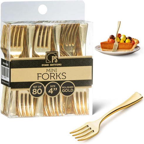 Posh Setting - Plastic Mini Gold Forks, Disposable Tiny Gold Forks, 4 inch Gold Plastic Forks, Appetizer Forks, 80 Pack