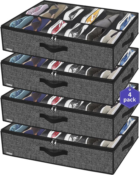 Onlyeasy Under Bed Shoe Storage Organizer, 4 Pack Fit 12x4 Pairs, Underbed Solution with Sturdy Sidewall