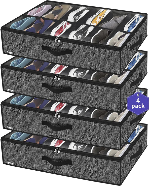 Onlyeasy Under Bed Shoe Storage Organizer, 4 Pack Fit 12x4 Pairs, Underbed Solution with Sturdy Sidewall