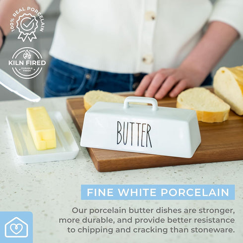 Heartland Home Porcelain Covered Butter Dish with Lid for Countertop - 7.6" x 3.8" Butter Holder Container with