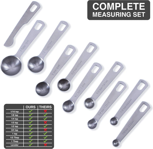 BALCI 9 Measuring Spoons Set - Heavy Duty 18/8 Premium Stainless Steel with US & Metric Measurements + Leveler