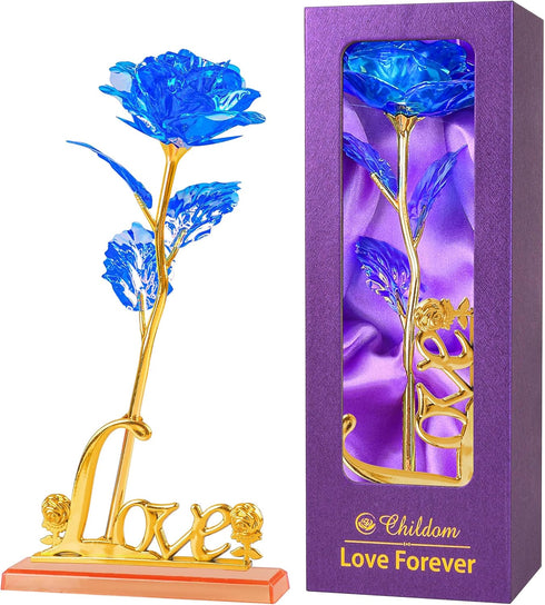 Childom Birthday Gifts for Women, Christmas Rose Gifts for Her Mom, Blue Rose with Love Stand for Wife