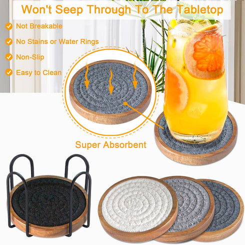 Coasters for Drinks Absorbent Sets of 5, Woven Coasters with Holder for Coffee Table, Gray Series