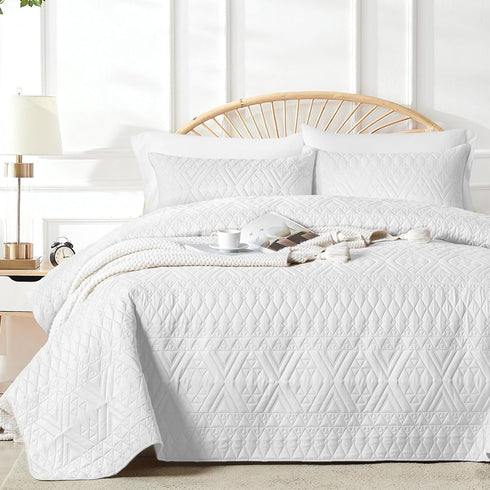 akkialla Twin Size Quilt Bedding Set,White Lightweight Microfiber Soft Bedspreads,Modern Style Geoetric