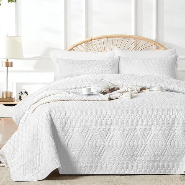 akkialla Twin Size Quilt Bedding Set,White Lightweight Microfiber Soft Bedspreads,Modern Style Geoetric