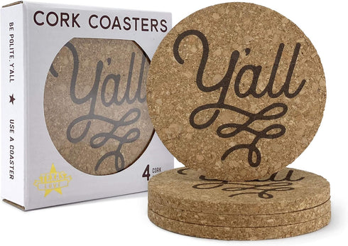 Y'all Texas Coaster Set, 4 Cork Coasters, 3.5 Inch, Texas Gift