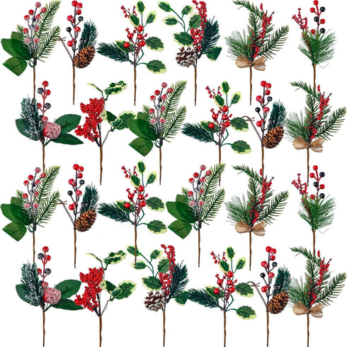 WILLBOND Artificial Christmas Tree Picks, 24 Pcs Red Berry Pine Picks for Crafts, Party Decor, Classic Style
